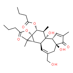 ChemSpider 2D Image | (1aR,1bS,4aS,7aS,7bR,8R,9R,9aR)-4a,7b-Dihydroxy-3-(hydroxymethyl)-1,1,6,8-tetramethyl-5-oxo-1,1a,1b,4,4a,5,7a,7b,8,9-decahydro-9aH-cyclopropa[3,4]benzo[1,2-e]azulene-9,9a-diyl dibutanoate | C28H40O8