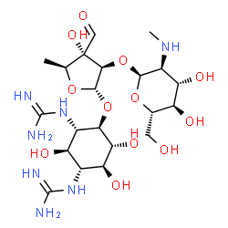 ChemSpider 2D Image | 1,1'-[(1R,2R,3S,4R,5R,6S)-4-({5-Deoxy-2-O-[2-deoxy-2-(methylamino)-alpha-L-glucopyranosyl]-3-C-formyl-alpha-L-arabinofuranosyl}oxy)-2,5,6-trihydroxy-1,3-cyclohexanediyl]diguanidine | C21H39N7O12