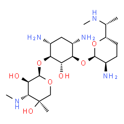 ChemSpider 2D Image | (1S,2S,3R,4S,6R)-4,6-Diamino-3-({(2R,3R,6S)-3-amino-6-[(1R)-1-(methylamino)ethyl]tetrahydro-2H-pyran-2-yl}oxy)-2-hydroxycyclohexyl 3-deoxy-4-C-methyl-3-(methylamino)-alpha-D-xylopyranoside | C21H43N5O7