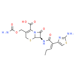 ChemSpider 2D Image | (7R)-7-{[(2Z)-2-(2-Amino-1,3-thiazol-4-yl)-2-pentenoyl]amino}-3-[(carbamoyloxy)methyl]-8-oxo-5-thia-1-azabicyclo[4.2.0]oct-2-ene-2-carboxylic acid | C17H19N5O6S2