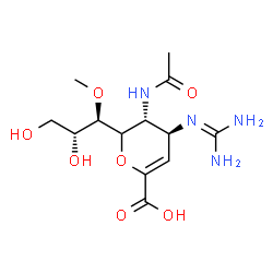 ChemSpider 2D Image | 5-Acetamido-2,6-anhydro-3,4,5-trideoxy-4-[(diaminomethylene)amino]-6-[(1R,2R)-2,3-dihydroxy-1-methoxypropyl]-L-threo-hex-2-enonic acid | C13H22N4O7
