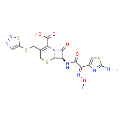 ChemSpider 2D Image | (7R)-7-{[(2E)-2-(2-Amino-1,3-thiazol-4-yl)-2-(methoxyimino)acetyl]amino}-8-oxo-3-[(1,2,3-thiadiazol-5-ylsulfanyl)methyl]-5-thia-1-azabicyclo[4.2.0]oct-2-ene-2-carboxylic acid | C16H15N7O5S4