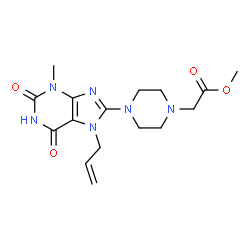 ChemSpider 2D Image | Methyl [4-(7-allyl-3-methyl-2,6-dioxo-2,3,6,7-tetrahydro-1H-purin-8-yl)-1-piperazinyl]acetate | C16H22N6O4