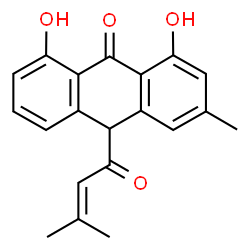 ChemSpider 2D Image | 1,8-Dihydroxy-3-methyl-10-(3-methyl-2-butenoyl)-9(10H)-anthracenone | C20H18O4