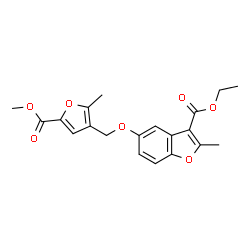 ChemSpider 2D Image | Ethyl 5-{[5-(methoxycarbonyl)-2-methyl-3-furyl]methoxy}-2-methyl-1-benzofuran-3-carboxylate | C20H20O7