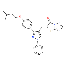 ChemSpider 2D Image | (5Z)-5-({3-[4-(3-Methylbutoxy)phenyl]-1-phenyl-1H-pyrazol-4-yl}methylene)[1,3]thiazolo[3,2-b][1,2,4]triazol-6(5H)-one | C25H23N5O2S