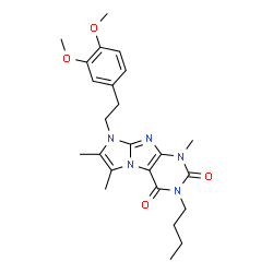 ChemSpider 2D Image | 3-Butyl-8-[2-(3,4-dimethoxyphenyl)ethyl]-1,6,7-trimethyl-1H-imidazo[2,1-f]purine-2,4(3H,8H)-dione | C24H31N5O4