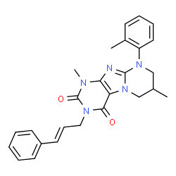 ChemSpider 2D Image | 1,7-Dimethyl-9-(2-methylphenyl)-3-[(2E)-3-phenyl-2-propen-1-yl]-6,7,8,9-tetrahydropyrimido[2,1-f]purine-2,4(1H,3H)-dione | C26H27N5O2