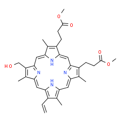 ChemSpider 2D Image | Dimethyl 3,3'-[7-(hydroxymethyl)-3,8,13,17-tetramethyl-12-vinyl-2,18-porphyrindiyl]dipropanoate | C35H38N4O5