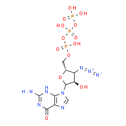 ChemSpider 2D Image | 2-Amino-9-[(3xi)-3-azido-3-deoxy-5-O-(hydroxy{[hydroxy(phosphonooxy)phosphoryl]oxy}phosphoryl)-D-erythro-pentofuranosyl]-3,9-dihydro-6H-purin-6-one | C10H15N8O13P3