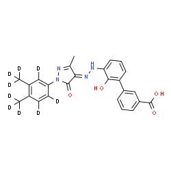 ChemSpider 2D Image | 3'-[(2E)-2-(1-{3,4-Bis[(~2~H_3_)methyl](~2~H_3_)phenyl}-3-methyl-5-oxo-1,5-dihydro-4H-pyrazol-4-ylidene)hydrazino]-2'-hydroxy-3-biphenylcarboxylic acid | C25H13D9N4O4