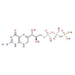 ChemSpider 2D Image | Phosphonic acid, [[[[[[(2R,3S)-3-(2-amino-1,4,7,8-tetrahydro-4-oxo-6-pteridinyl)-2,3-dihydroxypropyl]oxy]hydroxyphosphinyl]oxy]hydroxyphosphinyl]methyl]- | C10H18N5O12P3