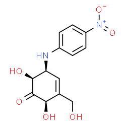 ChemSpider 2D Image | (2R,5S,6S)-2,6-Dihydroxy-3-(hydroxymethyl)-5-[(4-nitrophenyl)amino]-3-cyclohexen-1-one | C13H14N2O6