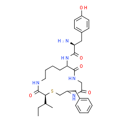 ChemSpider 2D Image | N-{(3S,16S)-3-Benzyl-16-[(2S)-2-butanyl]-5,8,15-trioxo-1-thia-4,7,14-triazacyclohexadecan-9-yl}-L-tyrosinamide | C32H45N5O5S