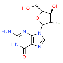 ChemSpider 2D Image | 2-Amino-9-(2-deoxy-2-fluoro-D-arabinofuranosyl)-1,9-dihydro-6H-purin-6-one | C10H12FN5O4