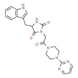ChemSpider 2D Image | 5-(1H-Indol-3-ylmethyl)-3-{2-oxo-2-[4-(2-pyrimidinyl)-1-piperazinyl]ethyl}-2,4-imidazolidinedione | C22H23N7O3