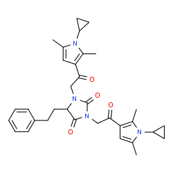 ChemSpider 2D Image | 1,3-Bis[2-(1-cyclopropyl-2,5-dimethyl-1H-pyrrol-3-yl)-2-oxoethyl]-5-(2-phenylethyl)-2,4-imidazolidinedione | C33H38N4O4