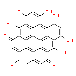 ChemSpider 2D Image | 7,8,10,11,13,14-Hexahydroxy-4-(hydroxymethyl)-3-methyl-8,11-dihydrophenanthro[1,10,9,8-opqra]perylene-1,6-dione | C30H18O9