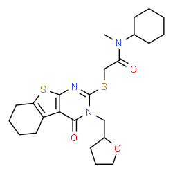 ChemSpider 2D Image | N-Cyclohexyl-N-methyl-2-{[4-oxo-3-(tetrahydro-2-furanylmethyl)-3,4,5,6,7,8-hexahydro[1]benzothieno[2,3-d]pyrimidin-2-yl]sulfanyl}acetamide | C24H33N3O3S2