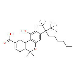 ChemSpider 2D Image | 1-Hydroxy-6,6-dimethyl-3-[2-(~2~H_3_)methyl(1,1,1-~2~H_3_)-2-octanyl]-6a,7,10,10a-tetrahydro-6H-benzo[c]chromene-9-carboxylic acid | C25H30D6O4