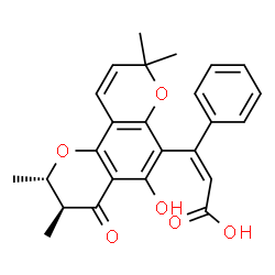 ChemSpider 2D Image | (2Z)-3-[(2S,3S)-5-Hydroxy-2,3,8,8-tetramethyl-4-oxo-3,4-dihydro-2H,8H-pyrano[2,3-f]chromen-6-yl]-3-phenylacrylic acid | C25H24O6