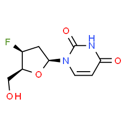 ChemSpider 2D Image | 1-(2,3-Dideoxy-3-fluoro-beta-L-threo-pentofuranosyl)-2,4(1H,3H)-pyrimidinedione | C9H11FN2O4