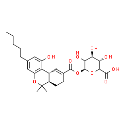 ChemSpider 2D Image | 1-O-{[(6aR,10aR)-1-Hydroxy-6,6-dimethyl-3-pentyl-6a,7,8,10a-tetrahydro-6H-benzo[c]chromen-9-yl]carbonyl}-beta-D-threo-hexopyranuronic acid | C27H36O10