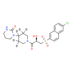 ChemSpider 2D Image | 1-[1-{(2R)-3-[(6-Chloro-2-naphthyl)sulfonyl]-2-hydroxypropanoyl}(3,3,4,5,5-~2~H_5_)-4-piperidinyl]tetrahydro-2(1H)-pyrimidinone | C22H21D5ClN3O5S