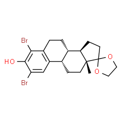 ChemSpider 2D Image | (8S,9S,13R,14R)-2,4-Dibromo-13-methyl-6,7,8,9,11,12,13,14,15,16-decahydrospiro[cyclopenta[a]phenanthrene-17,2'-[1,3]dioxolan]-3-ol | C20H24Br2O3