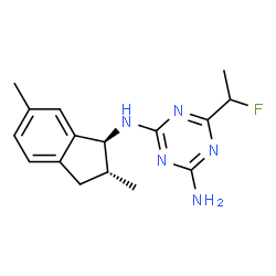 ChemSpider 2D Image | N-[(1S,2R)-2,6-Dimethyl-2,3-dihydro-1H-inden-1-yl]-6-(1-fluoroethyl)-1,3,5-triazine-2,4-diamine | C16H20FN5