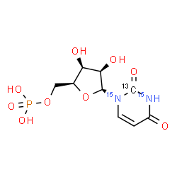 ChemSpider 2D Image | 1-(5-O-Phosphono-beta-L-lyxofuranosyl)-2,4(1H,3H)-(2-~13~C,~15~N_2_)pyrimidinedione | C813CH1315N2O9P