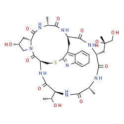 ChemSpider 2D Image | (1R,14S,18R,20R,23R,28R,31R,34S)-28-[(2S)-2,3-Dihydroxy-2-methylpropyl]-18-hydroxy-34-[(1R)-1-hydroxyethyl]-23,31-dimethyl-12-thia-10,16,22,25,27,30,33,36-octaazapentacyclo[12.11.11.0~3,11~.0~4,9~.0~1
6,20~]hexatriaconta-3,5,8,10-tetraene-15,21,24,26,29,32,35-heptone | C35H48N8O11S