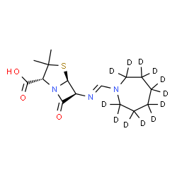 ChemSpider 2D Image | (2R,5S,6S)-6-{(E)-[(~2~H_12_)-1-Azepanylmethylene]amino}-3,3-dimethyl-7-oxo-4-thia-1-azabicyclo[3.2.0]heptane-2-carboxylic acid | C15H11D12N3O3S