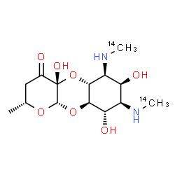ChemSpider 2D Image | (2R,4aR,5aR,6S,7S,8R,9S,9aR,10aS)-4a,7,9-Trihydroxy-2-methyl-6,8-bis[(~14~C)methylamino]decahydro-4H-pyrano[2,3-b][1,4]benzodioxin-4-one | C1214C2H24N2O7