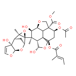 ChemSpider 2D Image | Methyl (2aS,3R,4R,4aS,7aR,8R,10S,10aR)-10-acetoxy-3,5-dihydroxy-4-[(1S,2R,6R,8S,9S,11R)-2-hydroxy-11-methyl-5,7,10-trioxatetracyclo[6.3.1.0~2,6~.0~9,11~]dodec-3-en-9-yl]-4-methyl-8-{[(2E)-2-methyl-2-b
utenoyl]oxy}octahydro-1H-furo[3',4':4,4a]naphtho[1,8-bc]furan-10a(8H)-carboxylate | C33H42O14