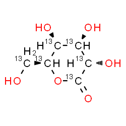 ChemSpider 2D Image | (3S,4R,5R,6S)-3,4,5-Trihydroxy-6-[hydroxy(~13~C)methyl](~13~C_5_)tetrahydro-2H-pyran-2-one (non-preferred name) | 13C6H10O6