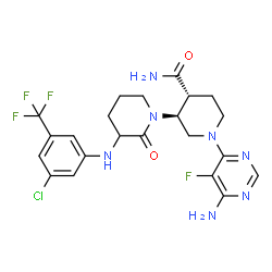 ChemSpider 2D Image | (3'S,4'R)-1'-(6-Amino-5-fluoro-4-pyrimidinyl)-3-{[3-chloro-5-(trifluoromethyl)phenyl]amino}-2-oxo-1,3'-bipiperidine-4'-carboxamide | C22H24ClF4N7O2