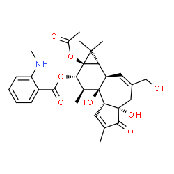 ChemSpider 2D Image | (1aS,1bR,4aS,7aR,7bR,8S,9S,9aR)-9a-Acetoxy-4a,7b-dihydroxy-3-(hydroxymethyl)-1,1,6,8-tetramethyl-5-oxo-1a,1b,4,4a,5,7a,7b,8,9,9a-decahydro-1H-cyclopropa[3,4]benzo[1,2-e]azulen-9-yl 2-(methylamino)benz
oate | C30H37NO8