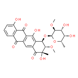 ChemSpider 2D Image | (1R,2S,3S)-3,10,12-Trihydroxy-2-methoxy-3-methyl-4,6,11-trioxo-1,2,3,4,6,11-hexahydro-1-tetracenyl 6-deoxy-2-O-methyl-alpha-L-galactopyranoside | C27H28O12