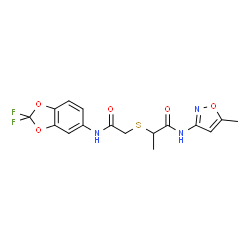 ChemSpider 2D Image | 2-({2-[(2,2-Difluoro-1,3-benzodioxol-5-yl)amino]-2-oxoethyl}sulfanyl)-N-(5-methyl-1,2-oxazol-3-yl)propanamide | C16H15F2N3O5S
