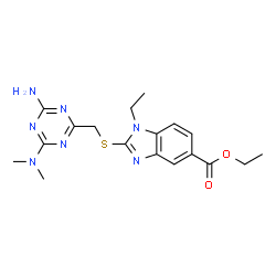 ChemSpider 2D Image | Ethyl 2-({[4-amino-6-(dimethylamino)-1,3,5-triazin-2-yl]methyl}sulfanyl)-1-ethyl-1H-benzimidazole-5-carboxylate | C18H23N7O2S