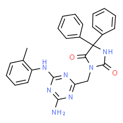 ChemSpider 2D Image | 3-({4-Amino-6-[(2-methylphenyl)amino]-1,3,5-triazin-2-yl}methyl)-5,5-diphenyl-2,4-imidazolidinedione | C26H23N7O2