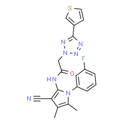 ChemSpider 2D Image | N-[3-Cyano-1-(3-fluorophenyl)-4,5-dimethyl-1H-pyrrol-2-yl]-2-[5-(3-thienyl)-2H-tetrazol-2-yl]acetamide | C20H16FN7OS