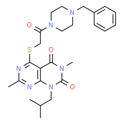 ChemSpider 2D Image | 5-{[2-(4-Benzyl-1-piperazinyl)-2-oxoethyl]sulfanyl}-1-isobutyl-3,7-dimethylpyrimido[4,5-d]pyrimidine-2,4(1H,3H)-dione | C25H32N6O3S
