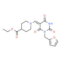 ChemSpider 2D Image | Ethyl 1-{(Z)-[1-(2-furylmethyl)-2,4,6-trioxotetrahydro-5(2H)-pyrimidinylidene]methyl}-4-piperidinecarboxylate | C18H21N3O6