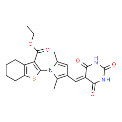 ChemSpider 2D Image | 2-[2,5-dimethyl-3-[(2,4,6-trioxo-1,3-diazinan-5-ylidene)methyl]-1-pyrrolyl]-4,5,6,7-tetrahydro-1-benzothiophene-3-carboxylic acid ethyl ester | C22H23N3O5S