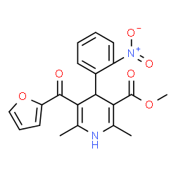 ChemSpider 2D Image | 3-(2-Furoyl)-5-methoxycarbonyl-2,6-dimethyl-4-(2-nitrophenyl)-1,4-dihydropyridine | C20H18N2O6