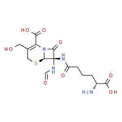 ChemSpider 2D Image | (6R,7R)-7-{[(5R)-5-Amino-5-carboxypentanoyl]amino}-7-formamido-3-(hydroxymethyl)-8-oxo-5-thia-1-azabicyclo[4.2.0]oct-2-ene-2-carboxylic acid | C15H20N4O8S