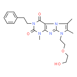 ChemSpider 2D Image | 8-[2-(2-Hydroxyethoxy)ethyl]-1,6,7-trimethyl-3-(2-phenylethyl)-1H-imidazo[2,1-f]purine-2,4(3H,8H)-dione | C22H27N5O4