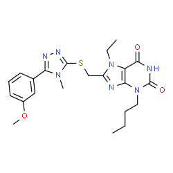 ChemSpider 2D Image | 3-Butyl-7-ethyl-8-({[5-(3-methoxyphenyl)-4-methyl-4H-1,2,4-triazol-3-yl]sulfanyl}methyl)-3,7-dihydro-1H-purine-2,6-dione | C22H27N7O3S